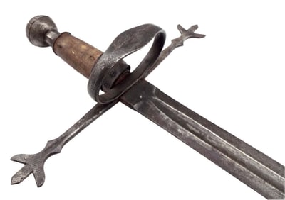 INTERESTING ANTIQUE FRENCH OR SPANISH RAPIER BROAD SWORD, IRON MOUNTS WITH CHISELED DETAILS. REMAINS