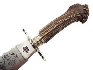 BEAUTIFUL HUGE GERMAN EXHIBITION QUALITY ETCHED HUNTING KNIFE DAGGER, STAG GRIP. AWESOME HUGE KNIFE,