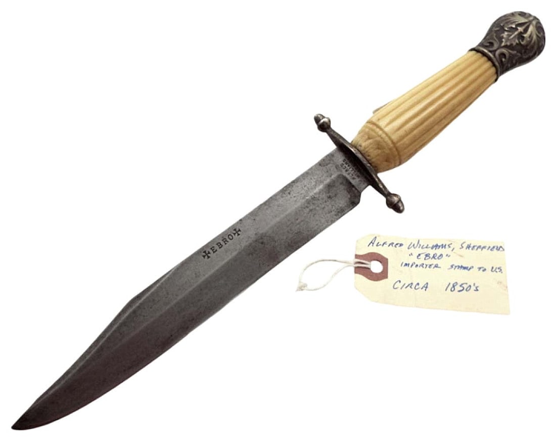 ANTIQUE PRE AMERICAN CIVIL WAR ENGLISH MADE LARGE BOWIE KNIFE FOR US OFFICER. MAKER MARKED AND (1 of 20)