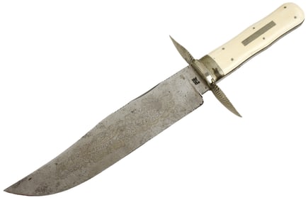 FINE QUALITY LARGE ENGLISH SHEFFIELD BOWIE KNIFE WITH RARE WINGED CROSSGUARD DESIGN. BLADE IS ETCHED