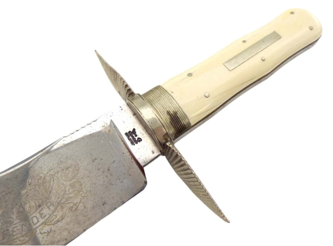 FINE QUALITY LARGE ENGLISH SHEFFIELD BOWIE KNIFE WITH RARE WINGED CROSSGUARD DESIGN. BLADE IS ETCHED (1 of 20)