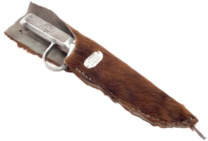 INTERESTING LARGE AMERICAN ''WHITE TRASH CUTLERY'' FIGHTING BOWIE KNIFE IN BUFFALO SKIN SHEATH. VERY