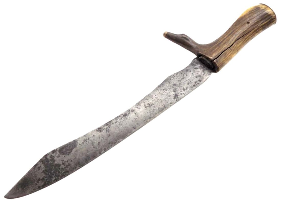 MASSIVE ANTIQUE INDIAN WARS ERA AMERICAN MOUNTAIN MAN STAG HANDLE KNIFE, MAKER MARKED AT THE BRASS (1 of 13)