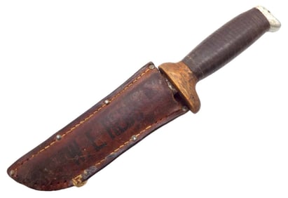 ANTIQUE WW II AMERICAN US MARINE OR SOLDIER FIGHTING KNIFE, IDENTIFIED ''W. L. HEBB'' ON LEATHER