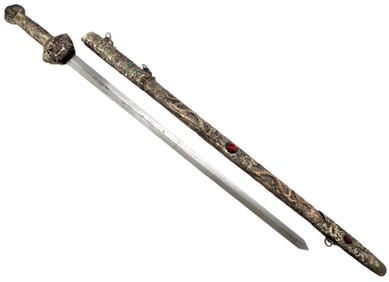 ANTIQUE INSCRIBED CHINESE PRESENTATION ''JIAN'' SWORD, ORNATE SILVERED COPPER & STONES MOUNTS WITH