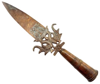 RARE ANTIQUE ASIAN CHINESE MALAYSIAN OR SRI LANKA BRONZE OR COPPER POLEARM SPEAR LANCE HEAD WITH