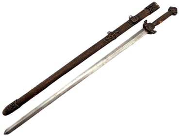 VERY NICELY MOUNTED CHINESE WARRIOR'S ''JIAN'' SWORD, PIERCED CARVED COPPER OR BRASS & STINGRAY SKIN