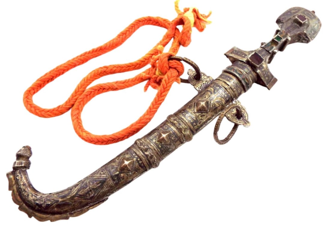 VERY ORNATE ANTIQUE ISLAMIC ARABIC ARAB MOROCCAN KOUMIYA DAGGER IN NIELLO SILVER, ENAMEL & COLORED (1 of 20)