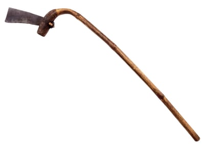 ANTIQUE AFRICAN TRIBAL LONG SHAFTED AXE TOOL / WEAPON WITH IRON BLADE, POSSIBLY USED AS WALKING CANE