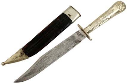 ANTIQUE AMERICAN GOLD RUSH TO CIVIL WAR ENGLISH IMPORT BOWIE KNIFE, ETCHED BLADE WITH PATRIOTIC MOTI