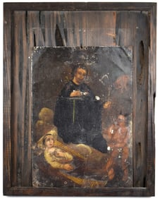 Antique Mexican Saint Camillus de Lellis Tin Retablo