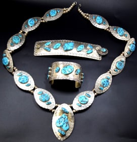 P.J.Begay Sterling Turquoise Navajo Squash Blossom Bracelet Hairpin Set