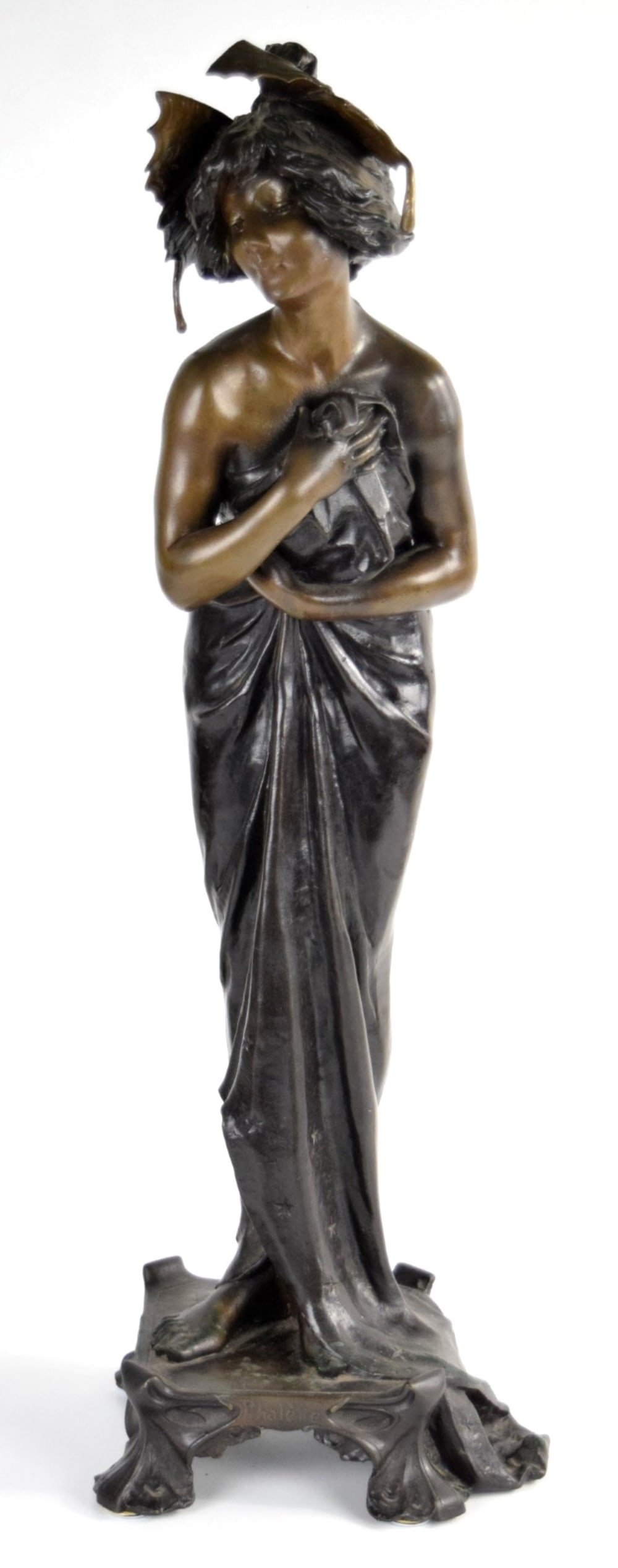 LUCIEN CHARLES EDOUARD ALLIOT (1877-1967) Phalene Bronze Sculpture: Very fine antique Art Nouveau bronze sculpture "Phalene" by well listed French artist Lucien Charles Edouard Alliot (1877-1967 ). Lucien Charles Edouard Alliot was French sculptor born on November 16,