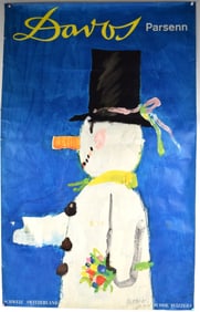 Vintage Original Davos Parsenn Snowman Poster