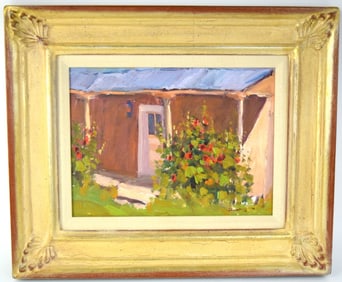 American New Mexico Don Brackett Old Adobe With Hollyhocks Taos Painting