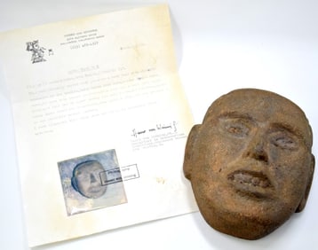 Rare Pre-Columbian, Veracruz, Aztec Culture 1300 CE - 1521 CE. Basalt Stone Face Mask with Open Eyes