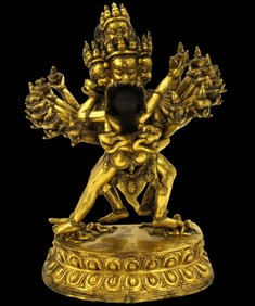 Beautiful Chinese Buddha Buddhist Deity Figure of Heavy Cast Bronze with Gold Gilt Finish & Paint or