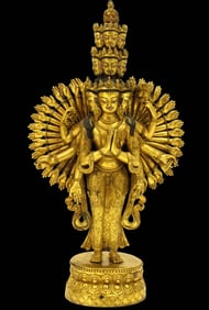 Beautiful Chinese Buddha Buddhist Deity Figure of Heavy Cast Bronze with Gold Gilt Finish & Paint or