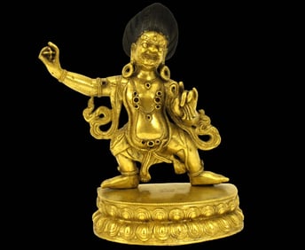 Beautiful Chinese Buddha Buddhist Deity Figure of Heavy Cast Bronze with Gold Gilt Finish & Paint or