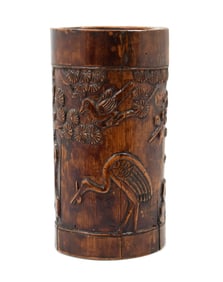 Chinese Old Bamboo Carved Flowers Birds Brush Pot