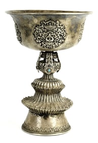 Huge Antique Tibetan Engraved Silver Yak Butter Lamp