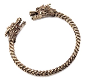 Antique Chinese Silver Double Dragons Head Cuff Bracelet