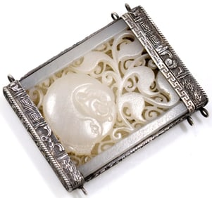 Exceptionally Fine Antique Chinese Carved White Jade in Silver Setting Card Case