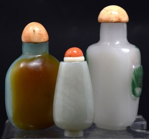 Lot of 3 Antique Chinese Carved Jade Snuff Bottles
