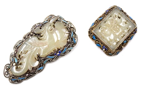 Fabulous Quality Antique Chinese Export Silver Enamel Setting Nephrite White Jade Stone Pins. Lot of