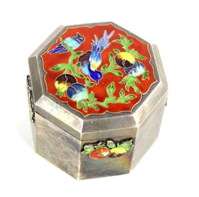 Fine Silver Cloisonne Enameled Box - Korean Birds and Pomegranate Ornament