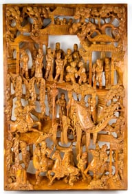 Chinese Carved Wood Panel With Figures Warriors