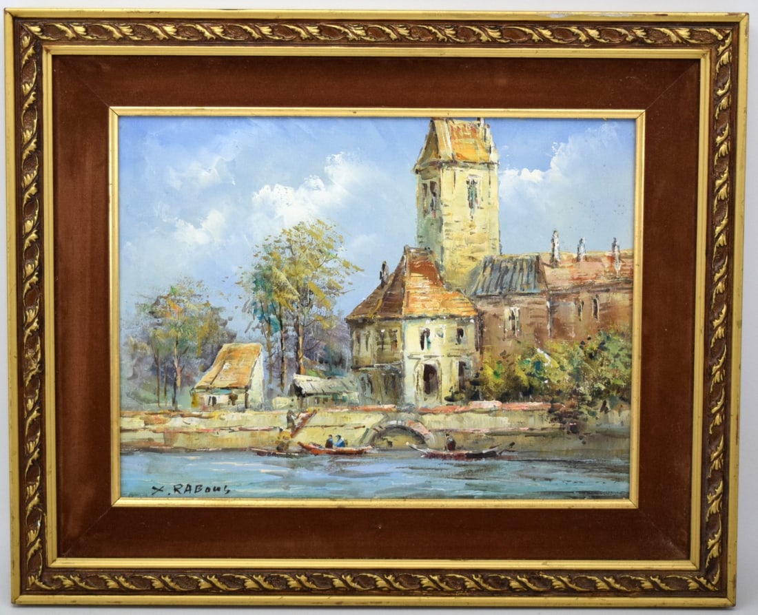 Australian Xavier Rabous Oil On Canvas Painting: Vintage cityscape oil on canvas painting by listed artist Xavier Rabous. Xavier Rabous, a listed notable Australian artist, which rarely his art appears at auction houses, or sales resources. High dem