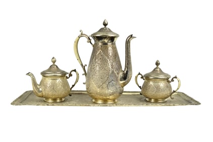 Antique Silver Islamic Ottoman Hand Chased Tea Coffee Set