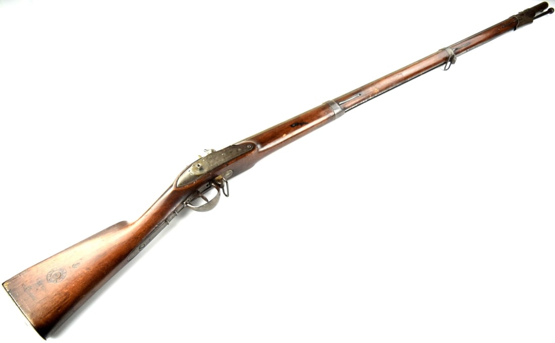 Original French Mle Percussion Mutzig Arsenal Rifle: French Musket - Rifle made at Mutzig Arsenal. Size: 55 3/4" Long. This was one of the last flintlock models put into service. In the years since it was produced, it was both converted to percussion, t