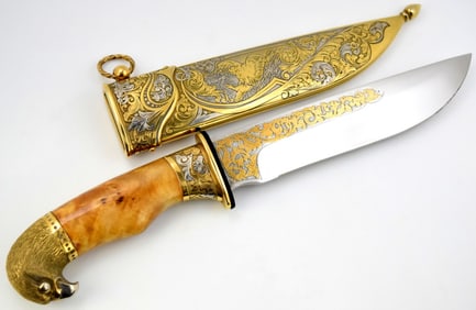 Superb Quality Russian ZLATOUST Made Hunting Knife with Gold & Silver Mounts Finish & Lovely Etched
