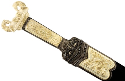 Fabulous Unique Russian Large Hunting Dagger with Fine Gold Inlaid Carved Bone Grips & Pommel,