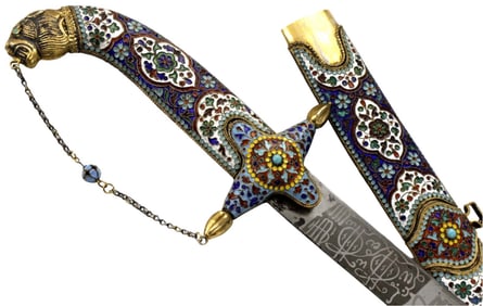 Highly Attractive Russian Caucasian Presentation SHAMSHIR Sword in Enamel & Stones Over Gilt Niello