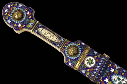 Very Fine Russian Caucasian KINJAL Dagger in Enamel Over Gilt Niello Silver Mounts with Elements of