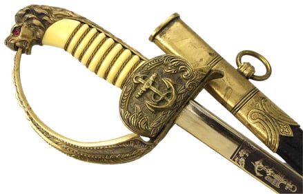 Fine WW II German ''Kriegsmarine'' Navy Officer's Sword with Gold & Blued Battleship & Naval Motifs