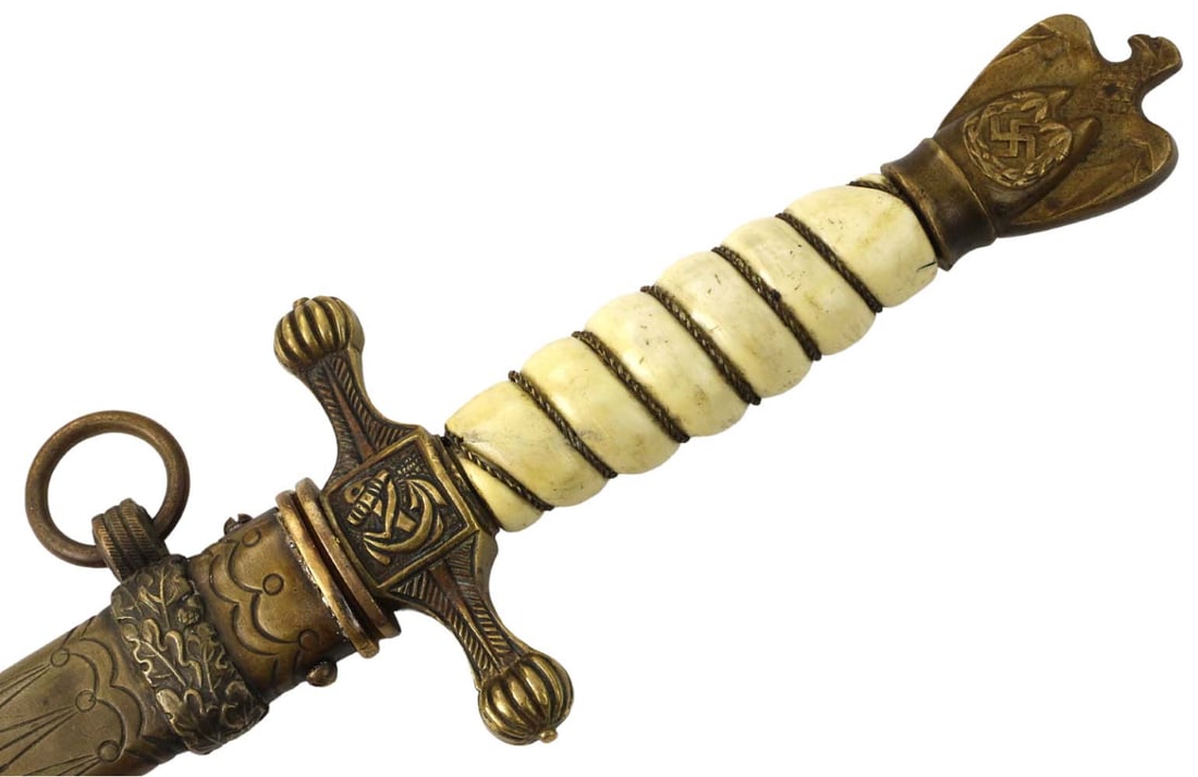 Scarce WW II German Third Reich ''Kriegsmarine'' Navy Officer's Dirk Dagger with Seldom Encountered: Scarce WW II German Third Reich ''Kriegsmarine'' Navy Officer's Dirk Dagger with Seldom Encountered Torpedo Boat Etched Blade, Maker Marked to CARL EICKHORN. Total length (inside scabbard if present):