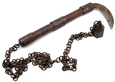 Rare 17th-18th C. Japanese Samurai or Ninja KUSARI-GAMA or KAMA Sickle Weapon, Combined with Flail
