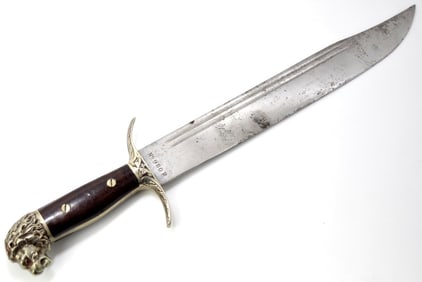Large Antique 19th C to WW I Latin American Bowie Knife, Clip-point Blade with Struck Serial Number.