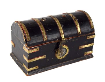 Lovely 18th C. Spanish Colonial Jewelry Chest with Large 1734 Silver Coin Lock & Brass Mounts.