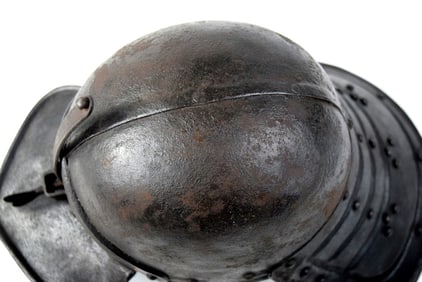 Very Good 1650s English Cromwellian Civil War Troopers Lobster-tail Iron Helmet with Original Black