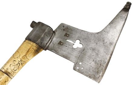 Exceptional 1735 Dated German Saxon Coal Miner Guild Presentation Axe with Fantastic Scrimshaw Bone