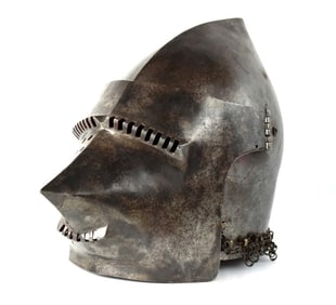 Very Well Made Victorian HOUNSKULL Bassinet Pig-Face Helmet of the 14th-15th C. Type, with Remains