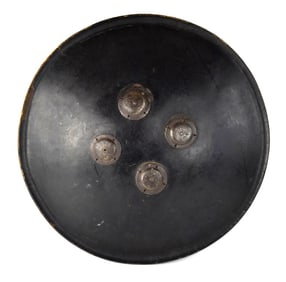 Rare 18th-19th C. Large Mughal Indian Lacquered Hyde DHAL Shield with Gold Inlaid Steel Bosses.