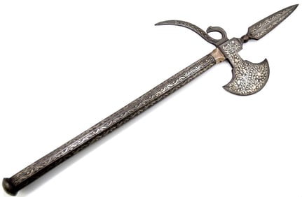 Antique Islamic Mughal Indian All-steel Fighting Axe / War Hammer with Extensive Silver Koftgari