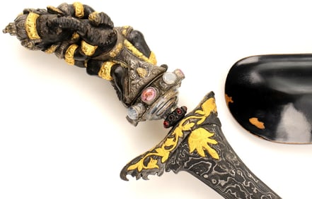 Very Fine Large 19th C. Indonesian KERIS Dagger with Solid Gold & Silver over Carved Wood Grip
