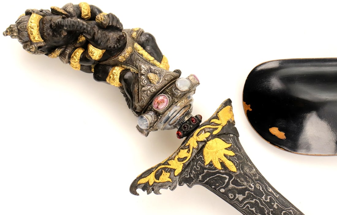 Very Fine Large 19th C. Indonesian KERIS Dagger with Solid Gold & Silver over Carved Wood Grip: Very Fine Large 19th C. Indonesian KERIS Dagger with Solid Gold & Silver over Carved Wood Grip ~ Beautiful Jeweled Mounts and Strong Gold Inlaid Damascus Steel Blade. Total length (inside scabbard if
